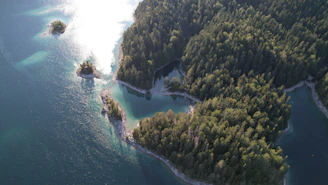 Aerial view of a Canadian island with dense forest and crystal-clear lakes.