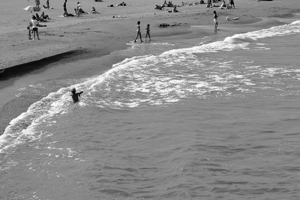 um grupo de pessoas em pé no topo de uma praia ao lado do oceano