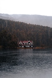 A house with a red roof and dark exterior sits on the edge of a still lake surrounded by dense forest. The trees in the background create a deep green backdrop, and it's raining, with raindrops visible on the water surface.