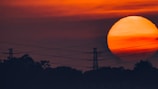 A large, vibrant sunset with deep orange hues is partially obscured by silhouetted trees and power lines. The power towers stand starkly against the glowing backdrop, creating a striking contrast between natural beauty and industrial structures.