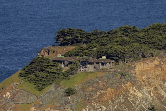 A house situated on a rugged cliffside surrounded by lush green trees and overlooking the deep blue sea. The structure blends harmoniously with the natural landscape, with a design that complements the undulating terrain of the coastal bluff.