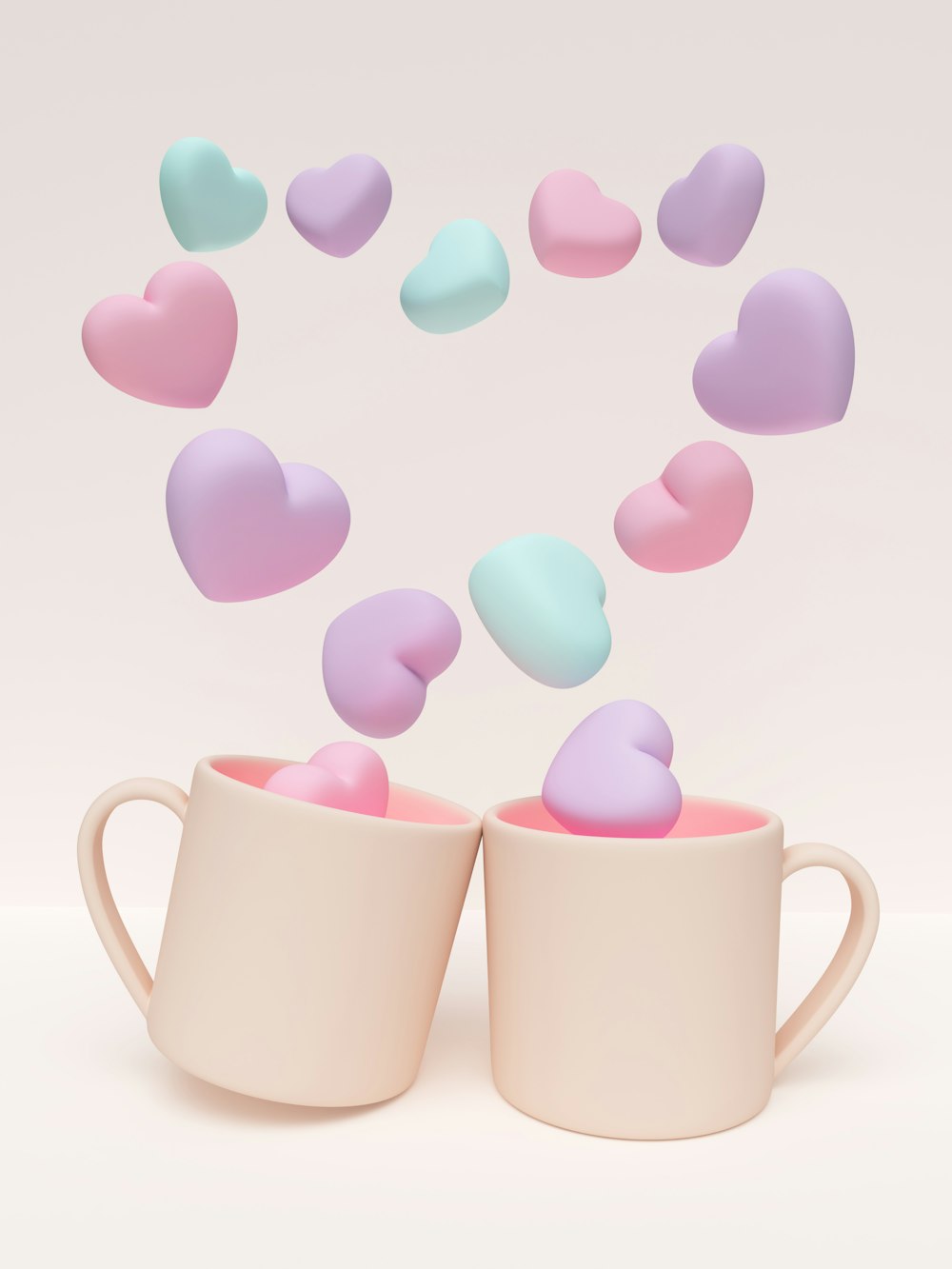 a couple of cups with hearts flying out of them