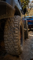 Close-up of muddy tires gripping rocky terrain with a blurred forest background under overcast skies.