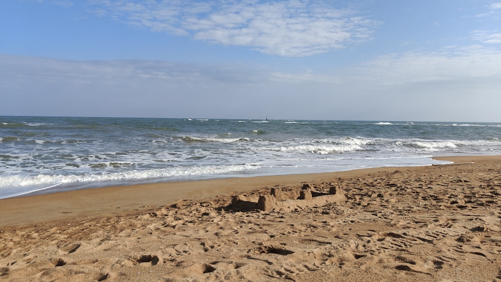 a sandy beach next to the ocean under a blue sky