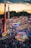 A vibrant amusement park bustling with people enjoying various rides and attractions under a twilight sky. Brightly lit signs advertise games and food stalls, including funnel cakes and corn dogs. Roller coasters and thrill rides are prominent, with colorful lights illuminating the scene.