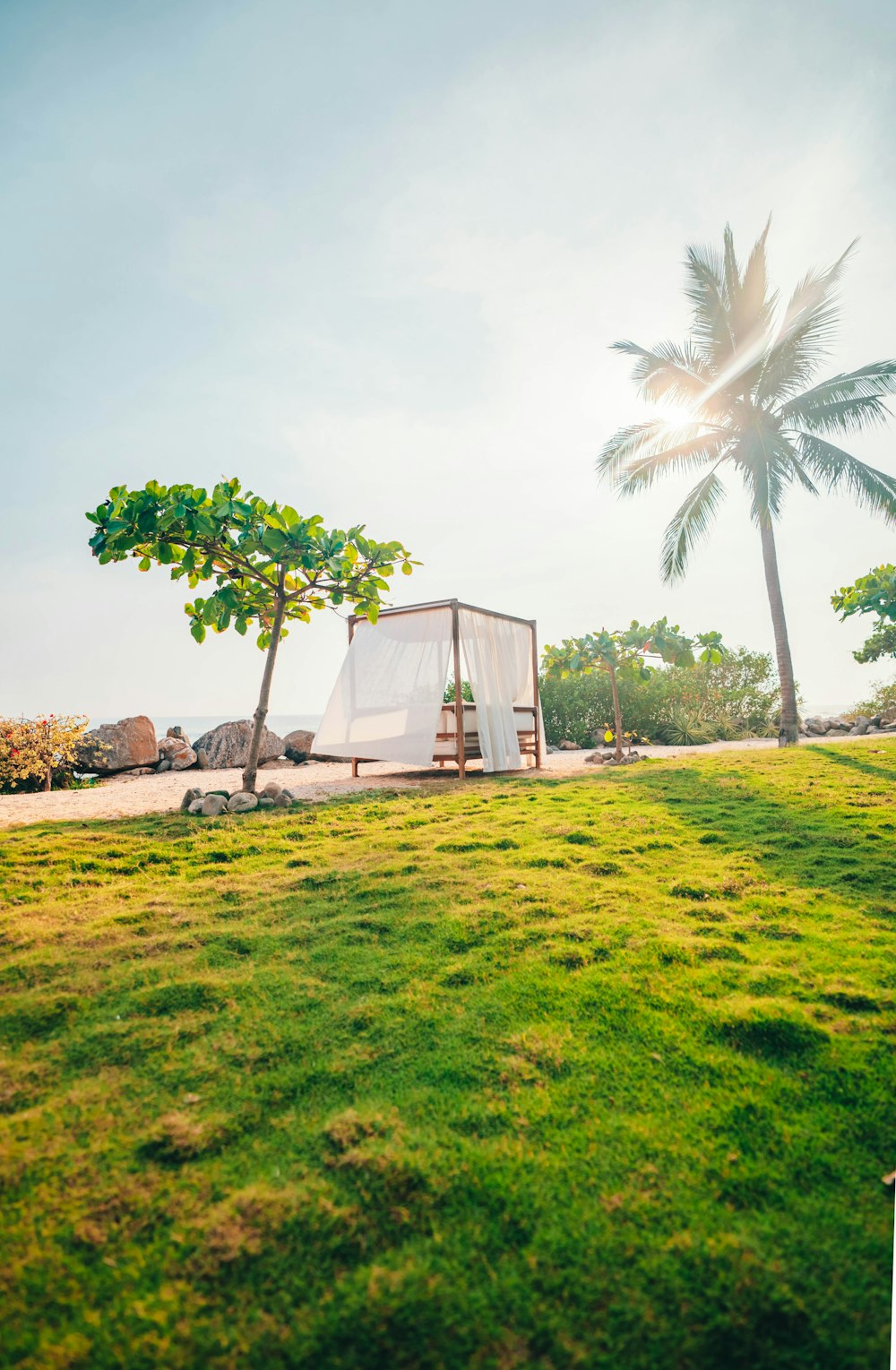 a tent set up in the middle of a lush green field