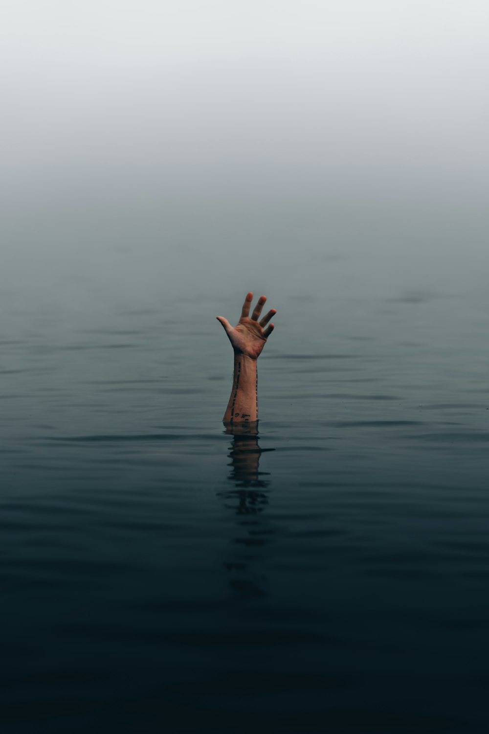 a person's hand reaching out of the water