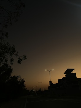 A dark, silhouetted cityscape at dusk with streetlights and buildings creating stark outlines against a dimly lit sky. Trees are visible on one side of the road, and the overall atmosphere is calm and quiet.