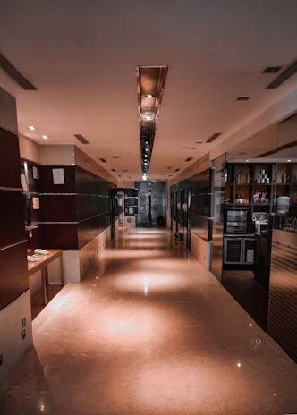 A well-lit hallway showcasing various storage units.