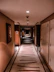 Modern hotel hallway with ambient lighting leading to rooms