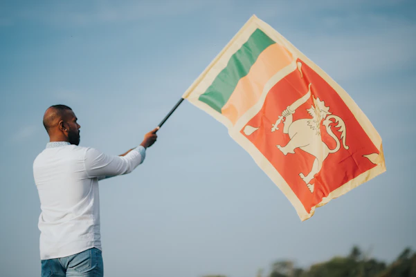 a man holding a flag with a lion on it