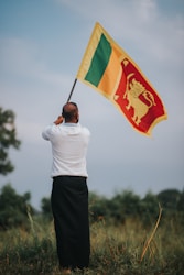 a man holding a flag in a field