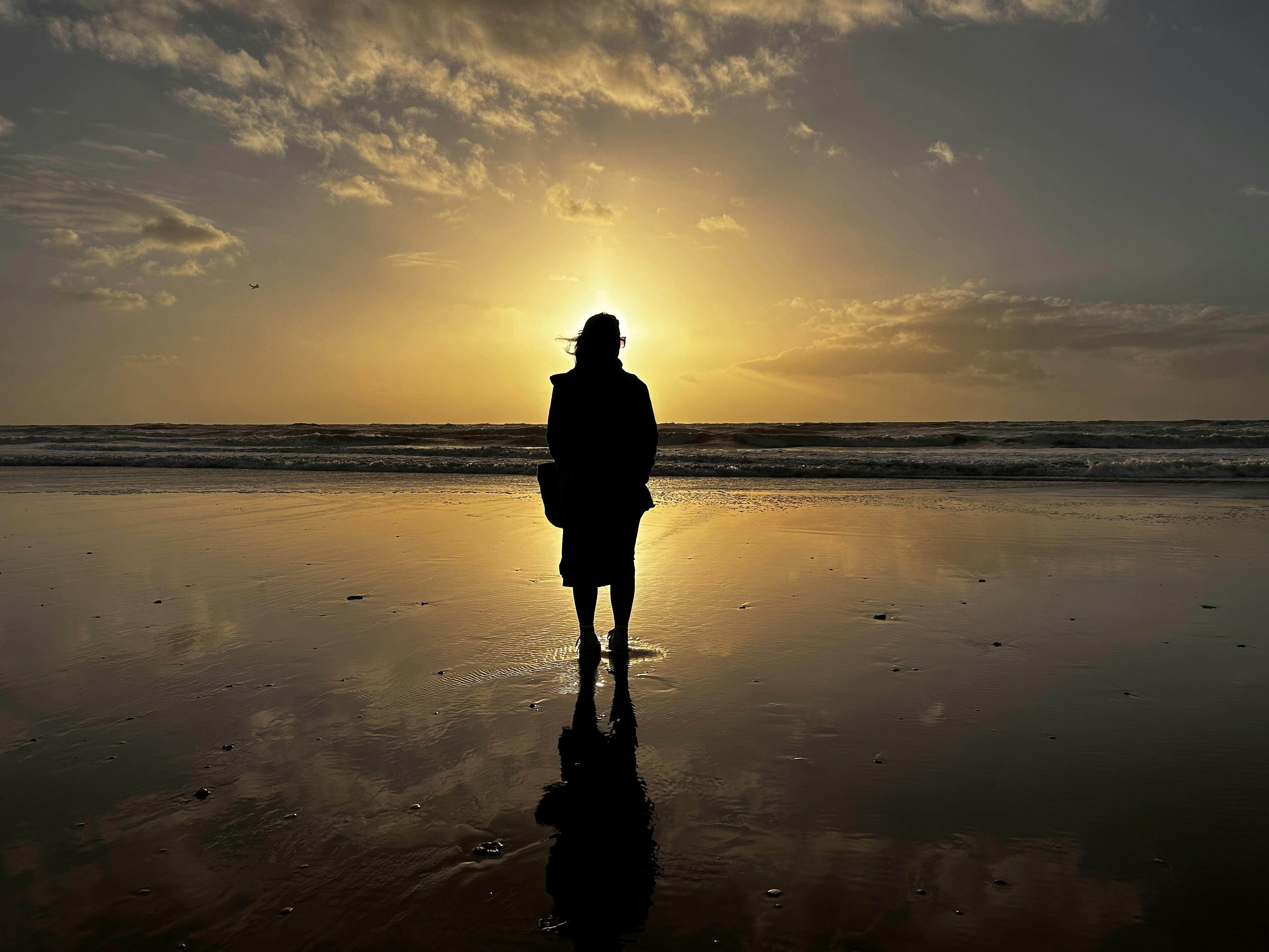 a person standing on a beach at sunset