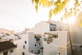 Candid shot of a sun-drenched balcony overlooking a quiet city street, bathed in golden light.