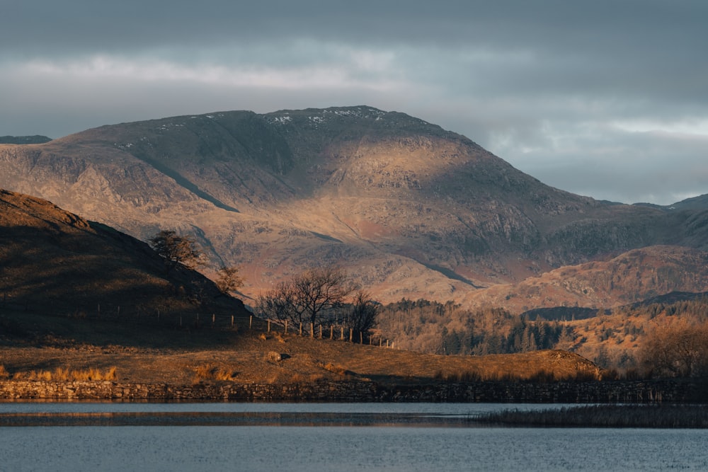 a lake surrounded by mountains under a cloudy sky