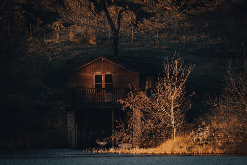 Una casa seduta sulla cima di un lago vicino a una foresta