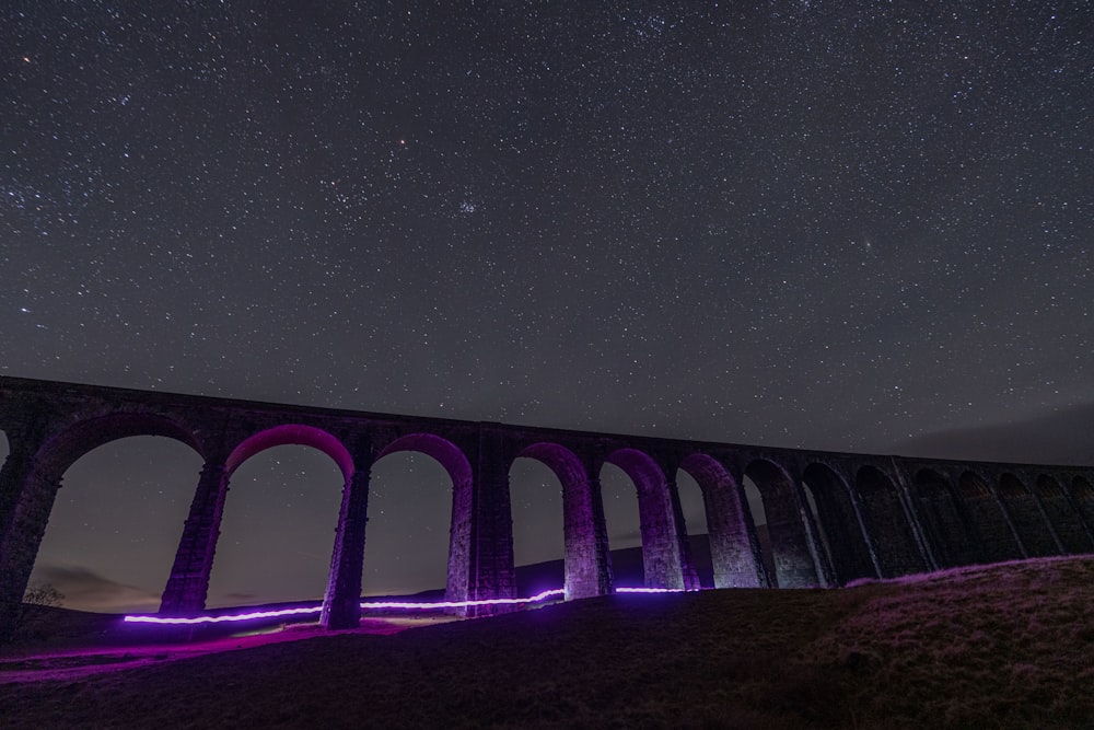 a bridge with purple lights on it under a night sky