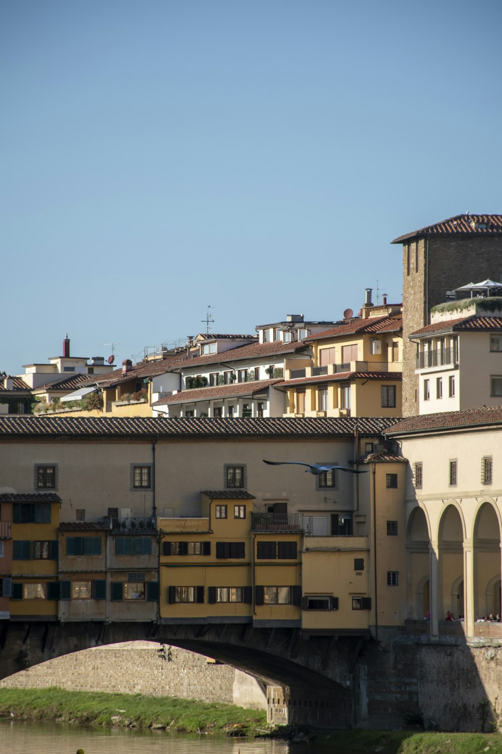 a bridge over a body of water with buildings in the background