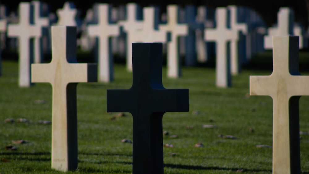 a cemetery with many crosses in the grass