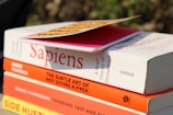 A stack of books is shown with titles visible, including 'Sapiens' by Yuval Noah Harari, 'The Subtle Art of Not Giving a F*ck' by Mark Manson, 'Thinking, Fast and Slow' by Daniel Kahneman, and 'Side Hustle'. On top of the stack is a pink notebook with a yellow and black cover partially in view. The books are positioned outdoors with sunlight casting shadows.