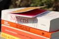 A stack of books is shown with titles visible, including 'Sapiens' by Yuval Noah Harari, 'The Subtle Art of Not Giving a F*ck' by Mark Manson, 'Thinking, Fast and Slow' by Daniel Kahneman, and 'Side Hustle'. On top of the stack is a pink notebook with a yellow and black cover partially in view. The books are positioned outdoors with sunlight casting shadows.