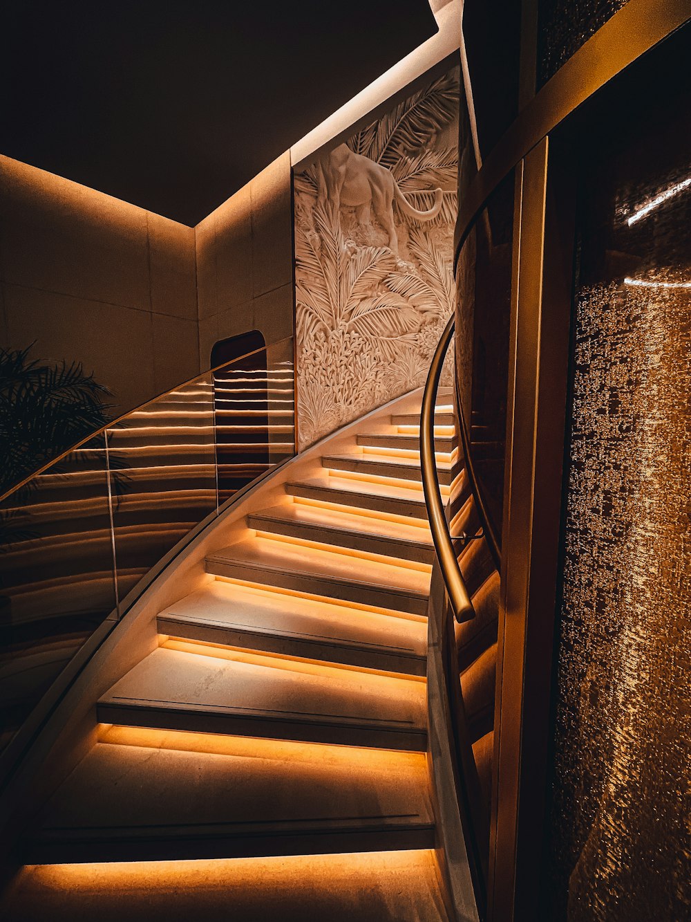 a set of stairs lit up at night