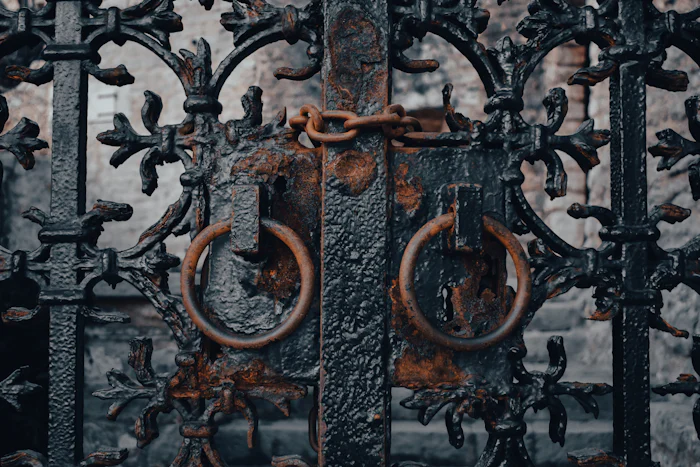 Close-up of a weathered iron gate in need of repair