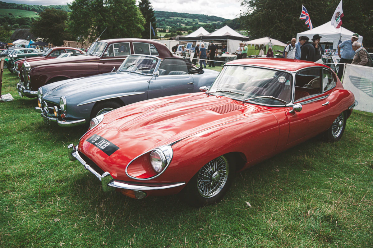 Classic sports cars on show on the lawn at a car owners' meet