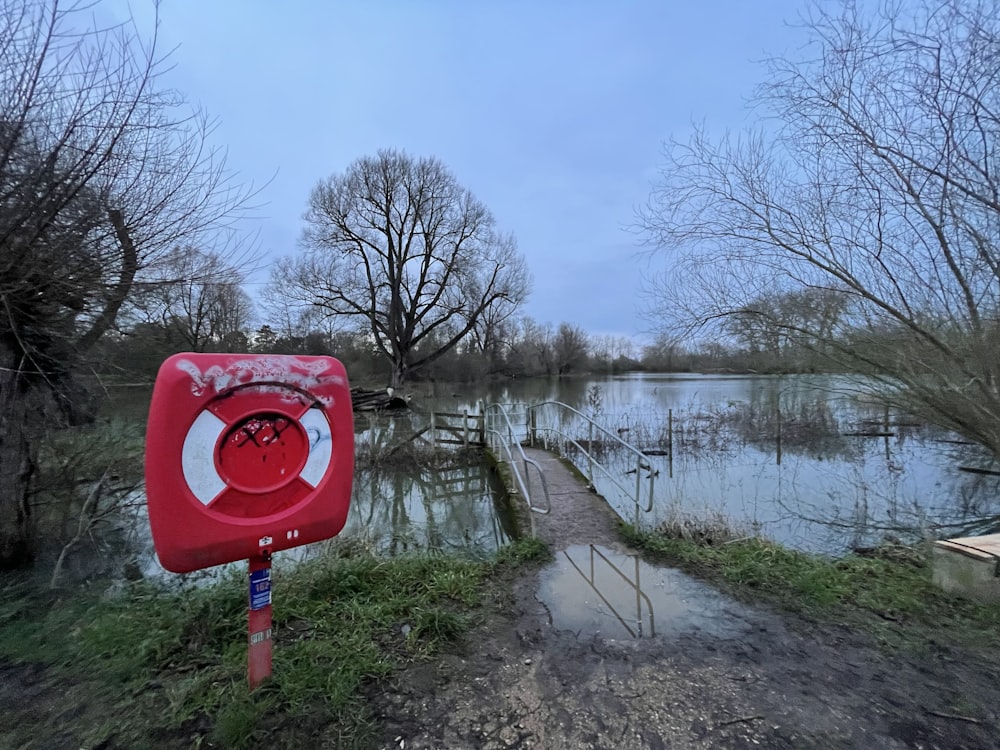 a red fire hydrant sitting on the side of a river