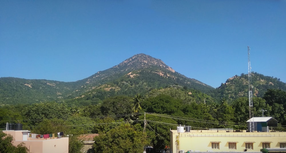 a view of a mountain from a rooftop of a building