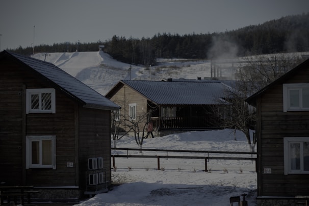 A snowy landscape features several wooden cabins, with smoke rising from the chimneys, indicating the warmth inside despite the chilly surroundings. In the background, a ski slope can be seen with traces of skier activity. The scene is framed by leafless trees and a forest in the distance.