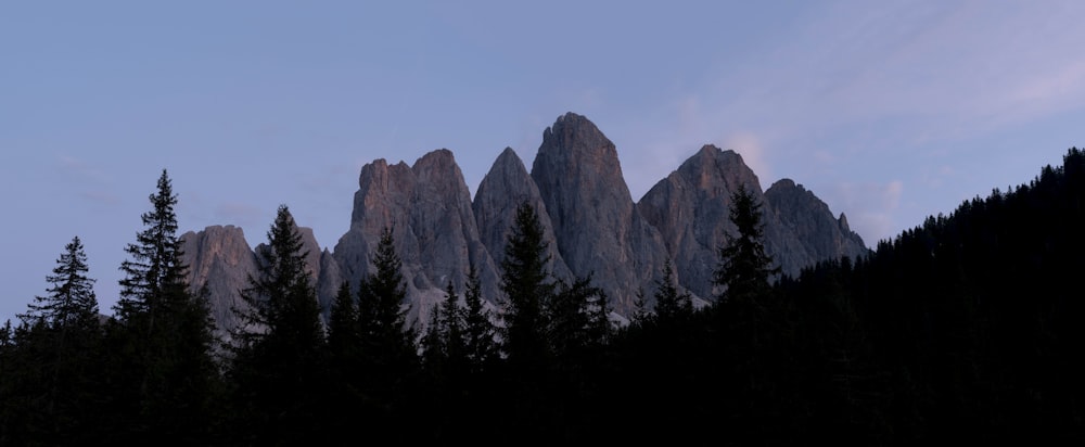 a group of tall mountains sitting next to a forest