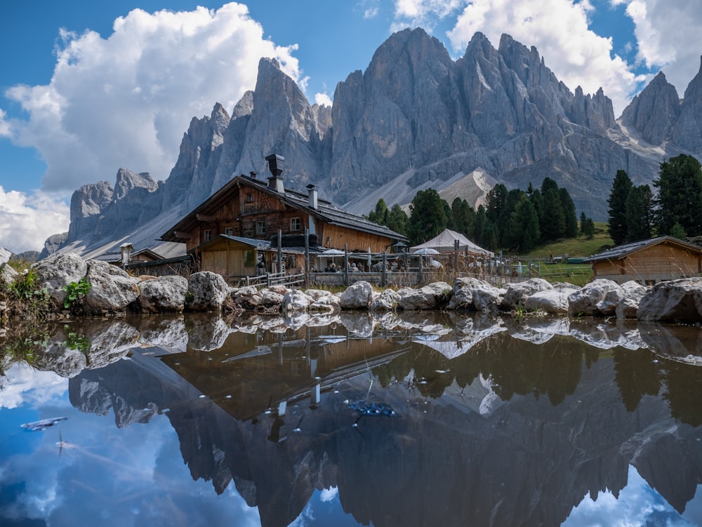 a mountain range is reflected in the still water of a lake