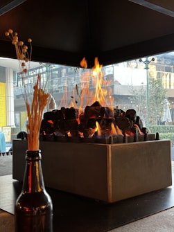 A modern fireplace with a rectangular metal frame contains evenly stacked dark stones, with bright yellow and orange flames rising above. Beyond the fireplace, there's a clear view of an urban setting through large glass windows, showcasing some outdoor greenery and architectural elements. In the foreground, a dark bottle holds dry ornamental grasses.