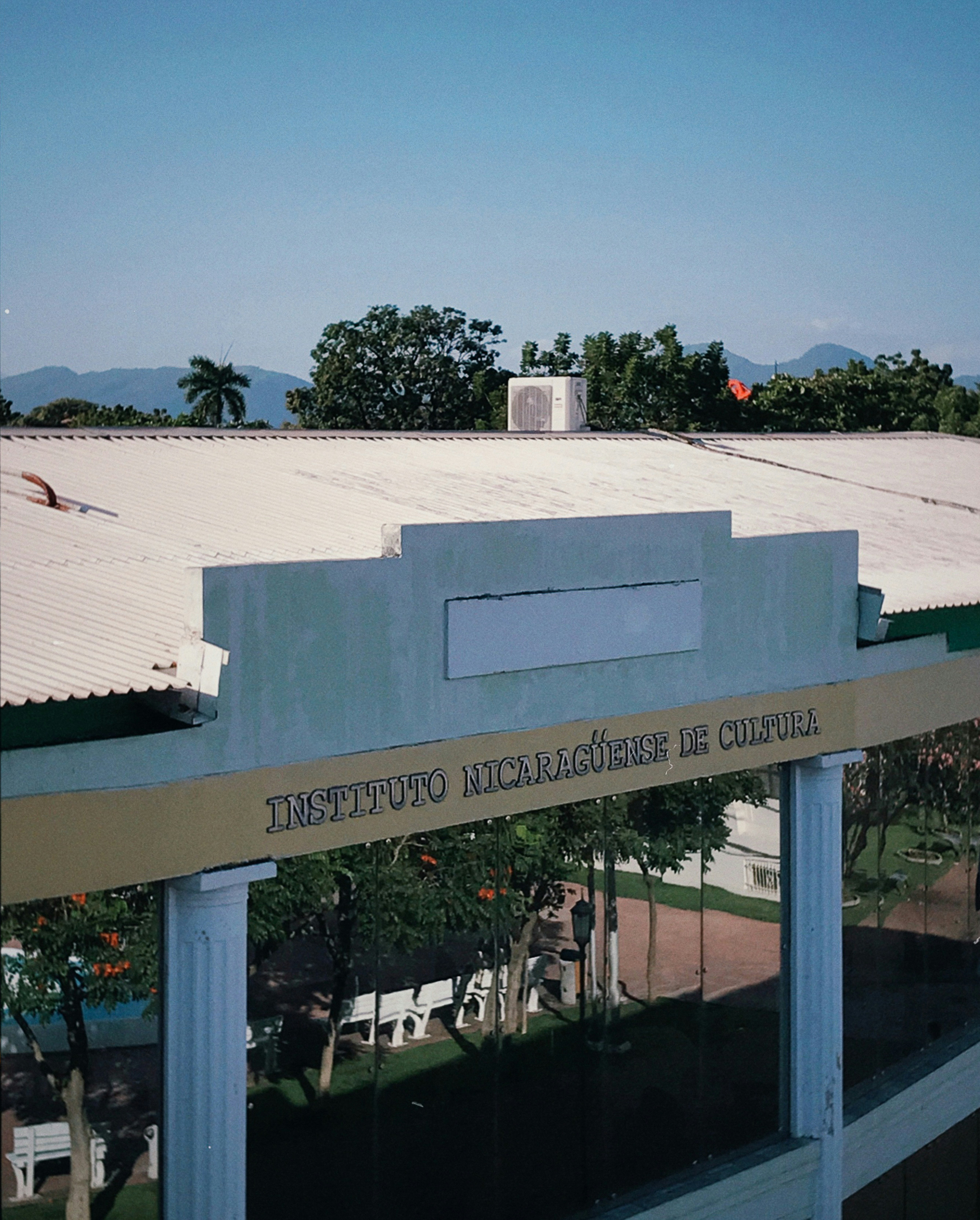 a view of a building with a sign on it