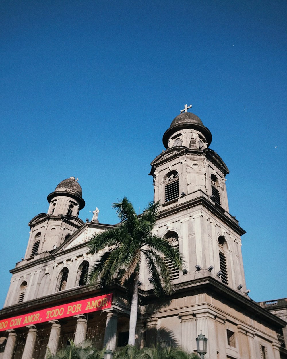 a church with a palm tree in front of it