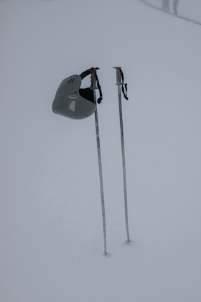Protective ski helmet and UV-resistant goggles placed on a wooden bench beside snow-covered pine trees.