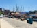 A scenic harbor scene with several large sailing ships docked alongside a cobblestone promenade. The ships display multiple masts with ropes and Turkish flags. There are people walking along the promenade, which is lined with various trees and a few small buildings. Some vehicles are parked nearby, contributing to a busy yet relaxed coastal atmosphere.