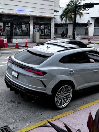 A luxury SUV is parked on a city street near a sidewalk. The vehicle is gray with sleek, aerodynamic design and tinted windows. Large, stylish alloy wheels and a distinctive rear light design are prominent. The background shows a building with large windows and a few palm trees nearby, suggesting a warm, urban environment.