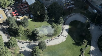 Aerial view of a park area with a large crowd of people forming a long, curved line on a pathway. The park is surrounded by trees and some buildings with red rooftops. The weather appears sunny, casting shadows from the trees and structures onto the greenery and pathway.