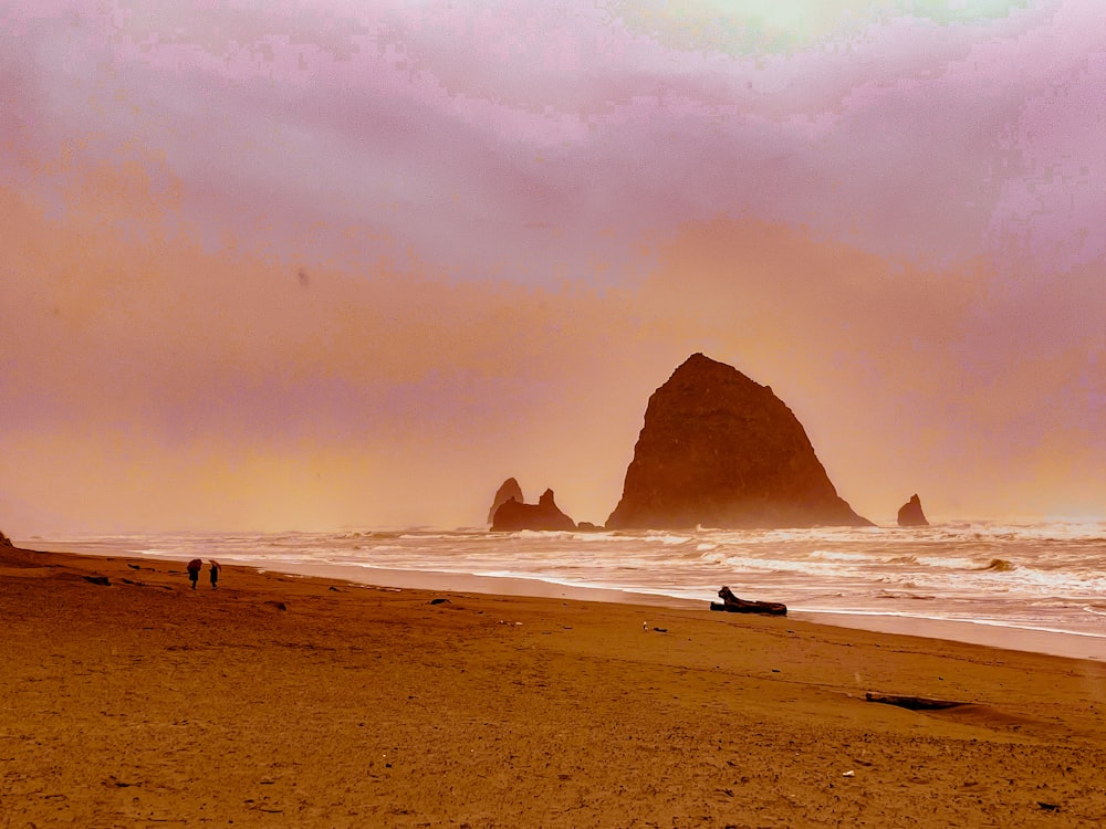 two people walking on a beach near the ocean