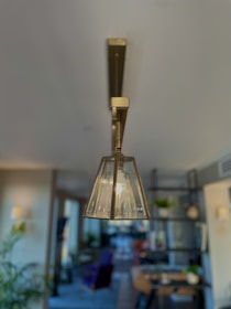 A modern hanging light fixture with a glass shade is centrally positioned, with a soft, warm glow coming from the bulb inside. The background includes a home interior setting, featuring furniture, potted plants, and wall decorations, creating a blurred depth of field effect.