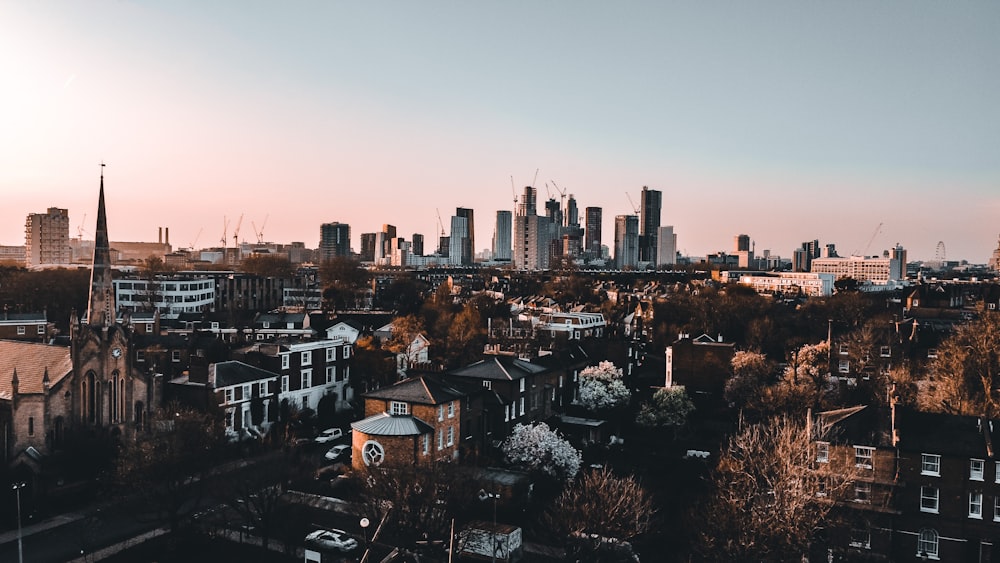 a view of a city with tall buildings