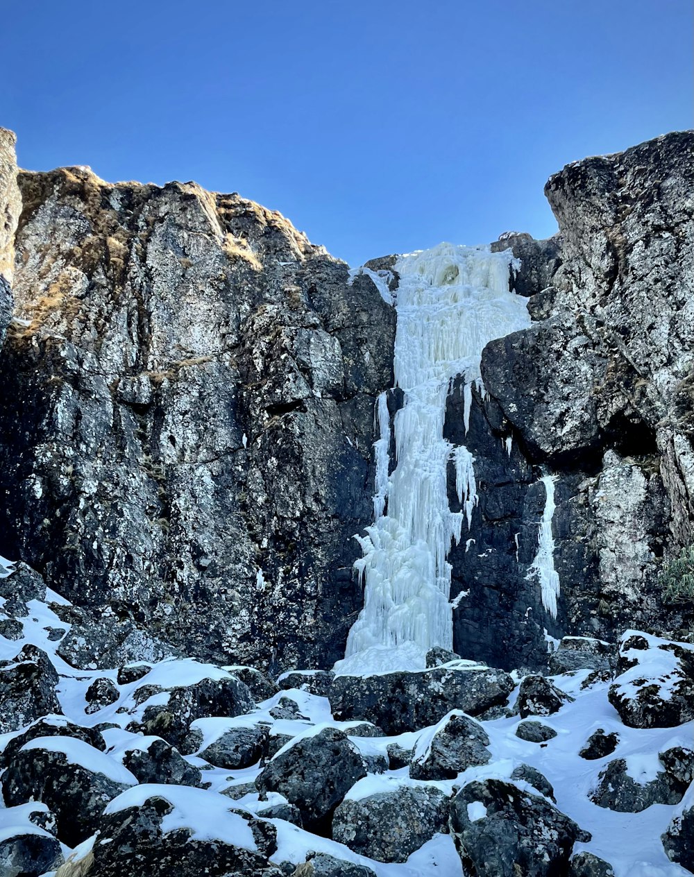 a frozen waterfall surrounded by rocks and snow