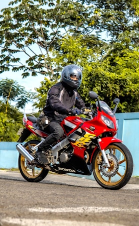 A motorcyclist wearing a black helmet and jacket rides a red Honda motorcycle. The bike features sporty graphics and golden wheels. The background consists of lush green foliage and a blue wall.