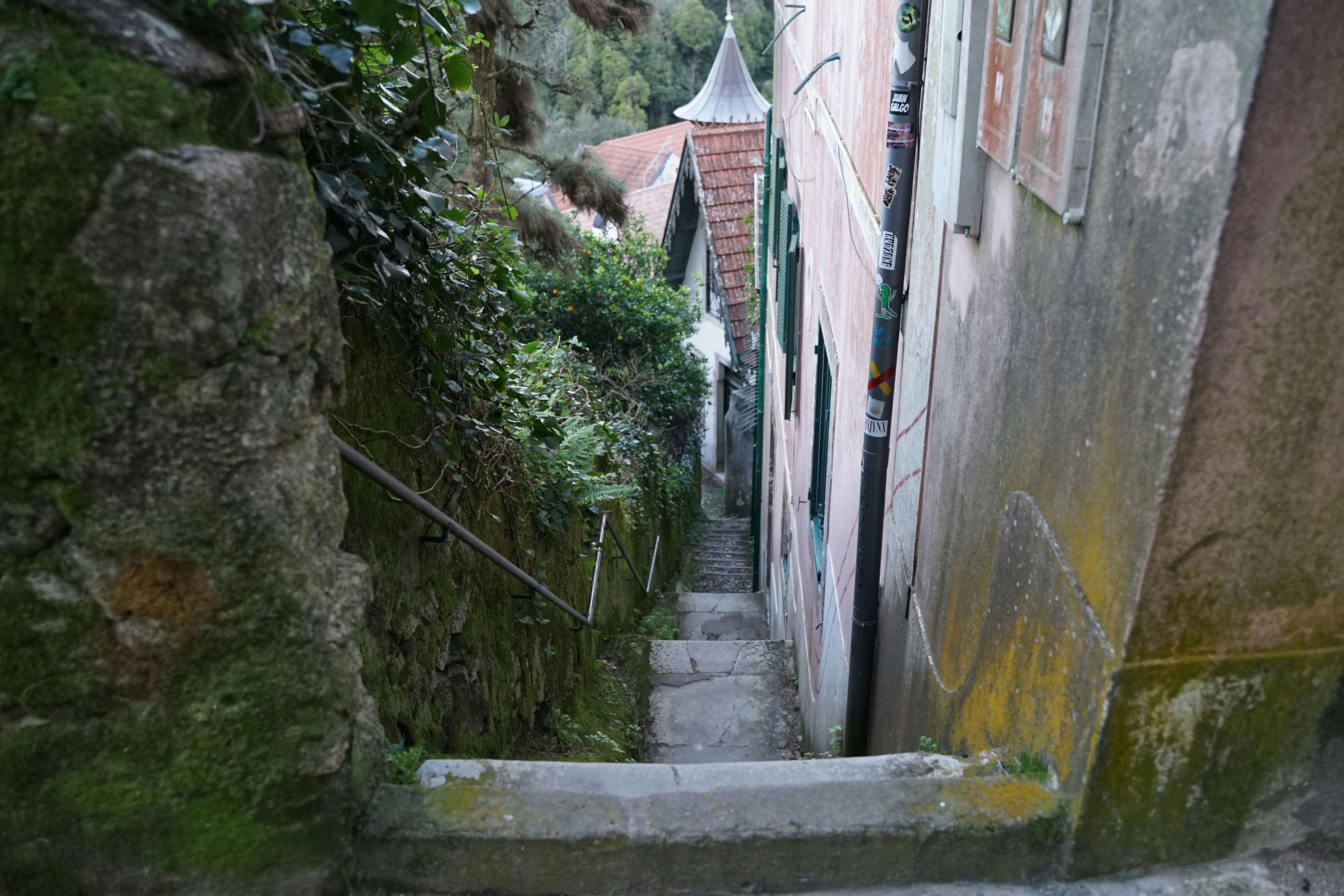 eine schmale Gasse mit Stufen, die zu einem Gebäude führen