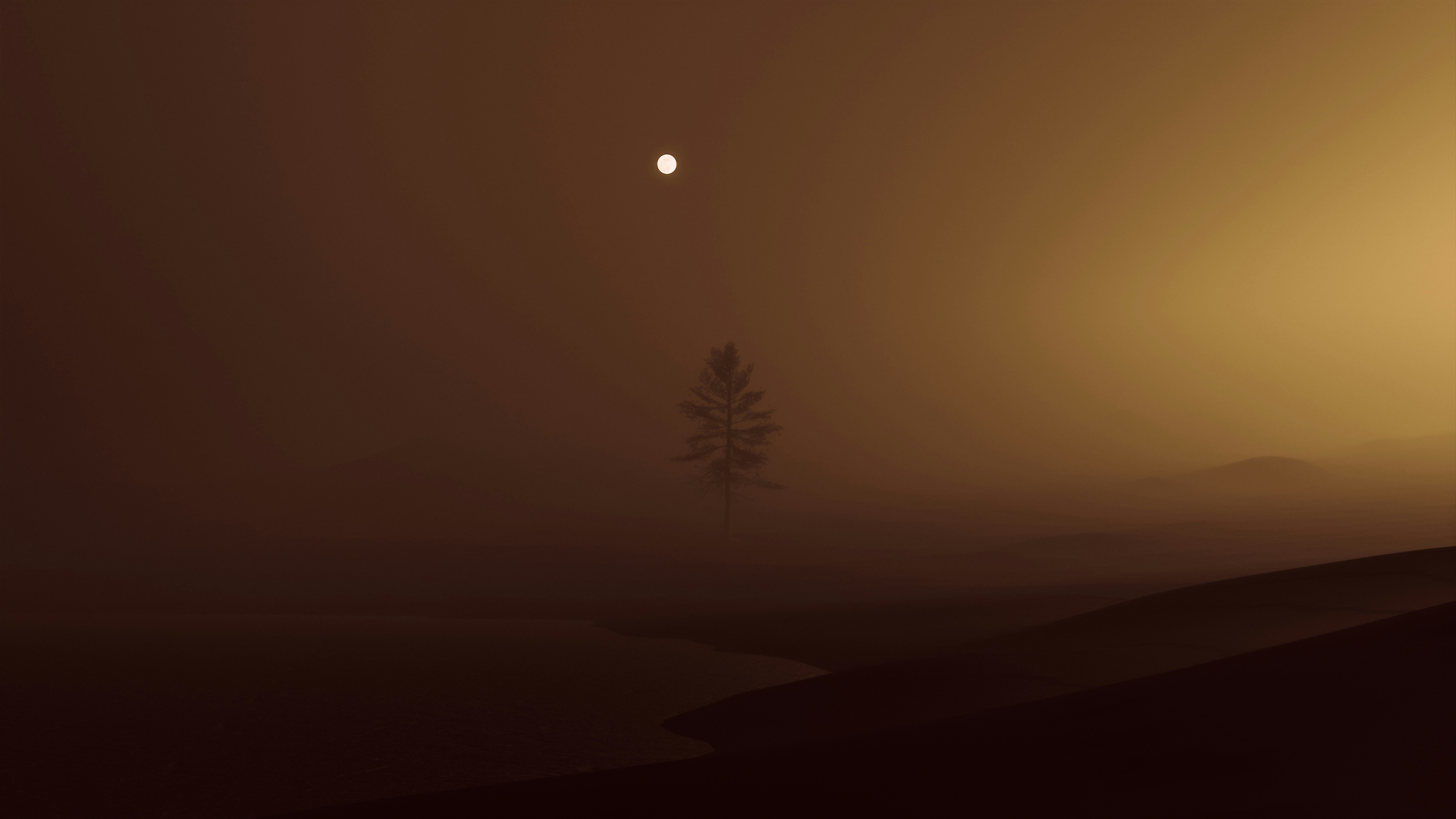 A foggy landscape with a lone tree in the foreground