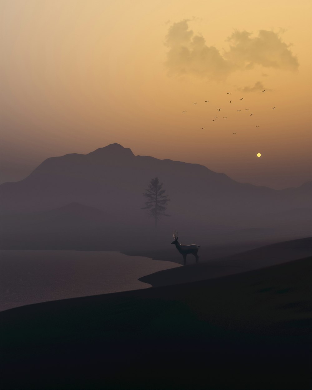 a silhouette of a deer standing on top of a hill