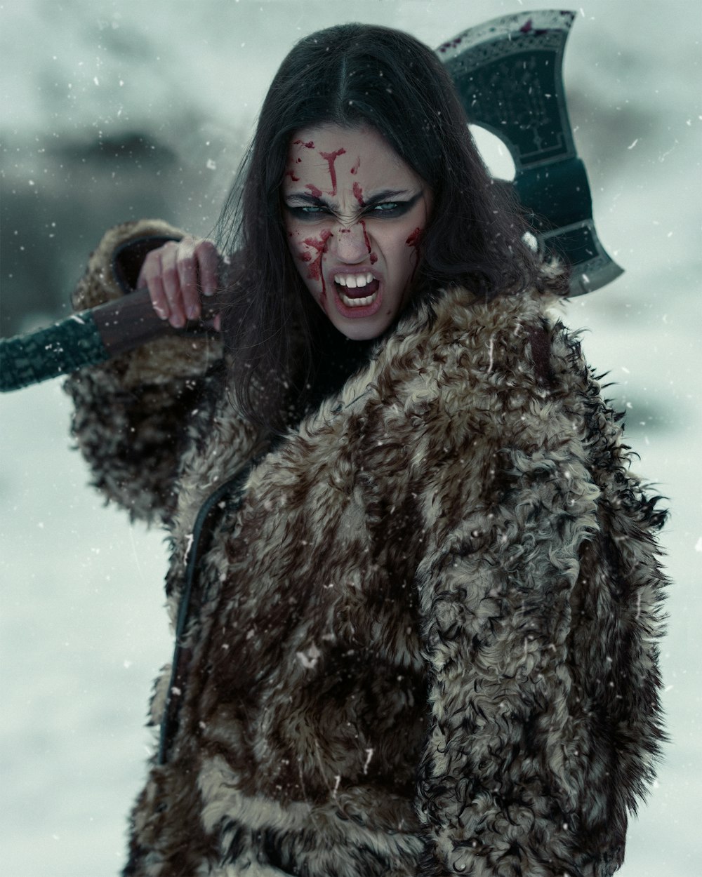 a woman in a fur coat holding an axe