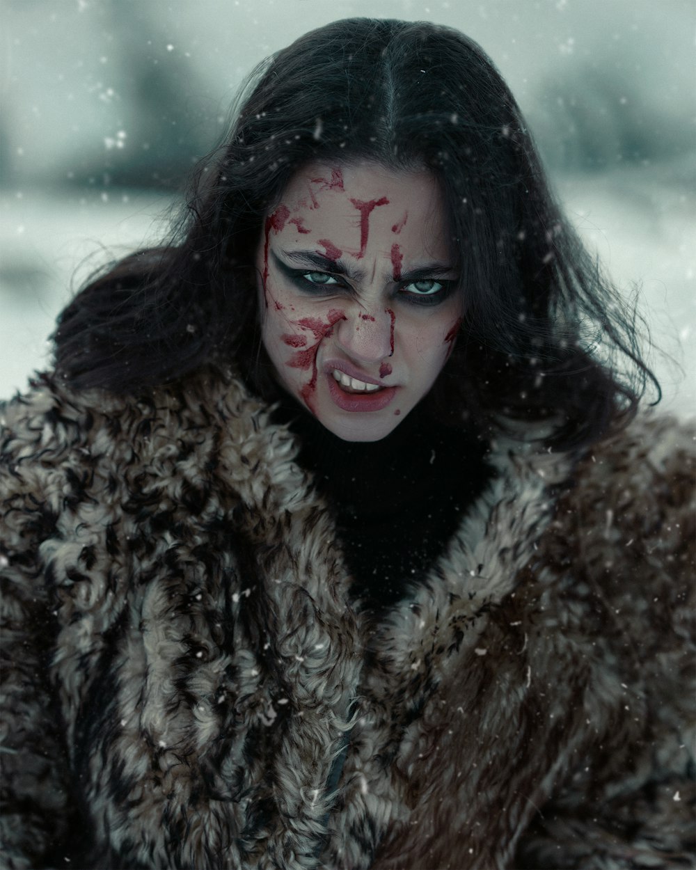 a woman in a fur coat with blood on her face